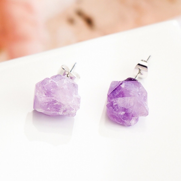 Amethyst Gemstone Crystal Raw Cut Post Earrings - Picture 6 of 8